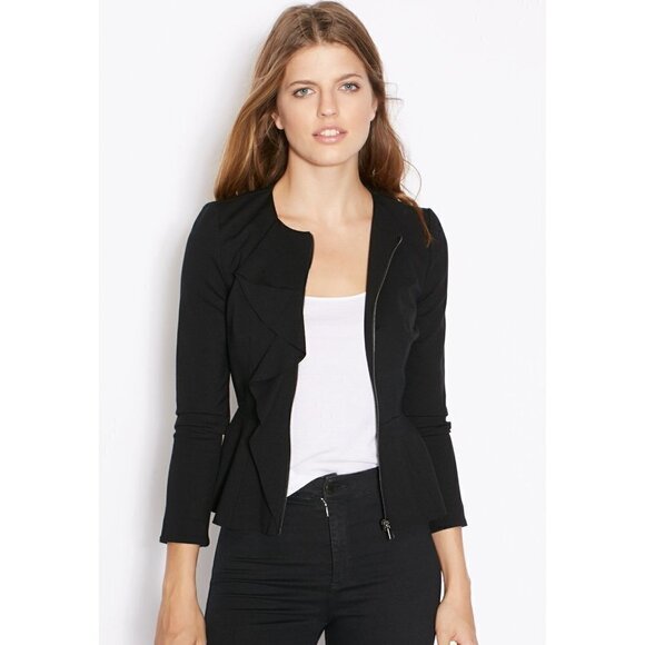 Topshop Black Ruffle Front Peplum Front Zip Jacket 6 - Picture 1 of 5